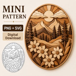 May include: A digital download file featuring a layered wood-style oval art piece with a sun, clouds, mountains, pine trees, and flowers. Text includes MINI PATTERN, PNG + SVG, and Digital Download. A black and white line art version is included.