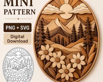 Mini Intarsia Pattern SVG PNG, Mountain Flower Scroll Saw Pattern, Woodworking Template digital download
