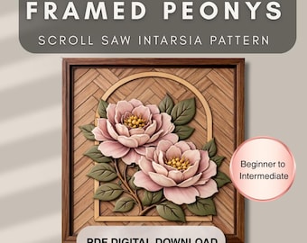Framed Peony Scroll Saw Intarsia Pattern PDF | 2 Layer Woodworking Design |  Printable Template
