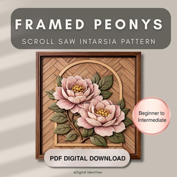 Framed Peony Scroll Saw Intarsia Pattern PDF | 2 Layer Woodworking Design |  Printable Template