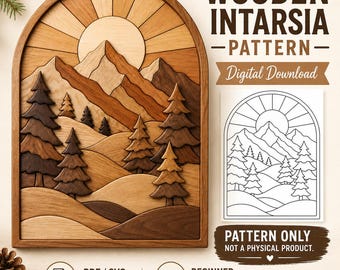 Mini Intarsia patroon SVG PNG, Mountain SunRise figuurzaagpatroon, houtbewerking sjabloon digitale download
