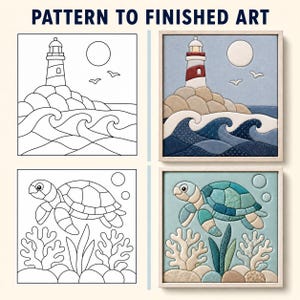 May include: A comparison of two craft patterns to finished art pieces. The top shows a lighthouse on rocks with waves and a sun. The bottom shows a sea turtle swimming above coral. Each finished piece is framed in light wood with fabric textures.