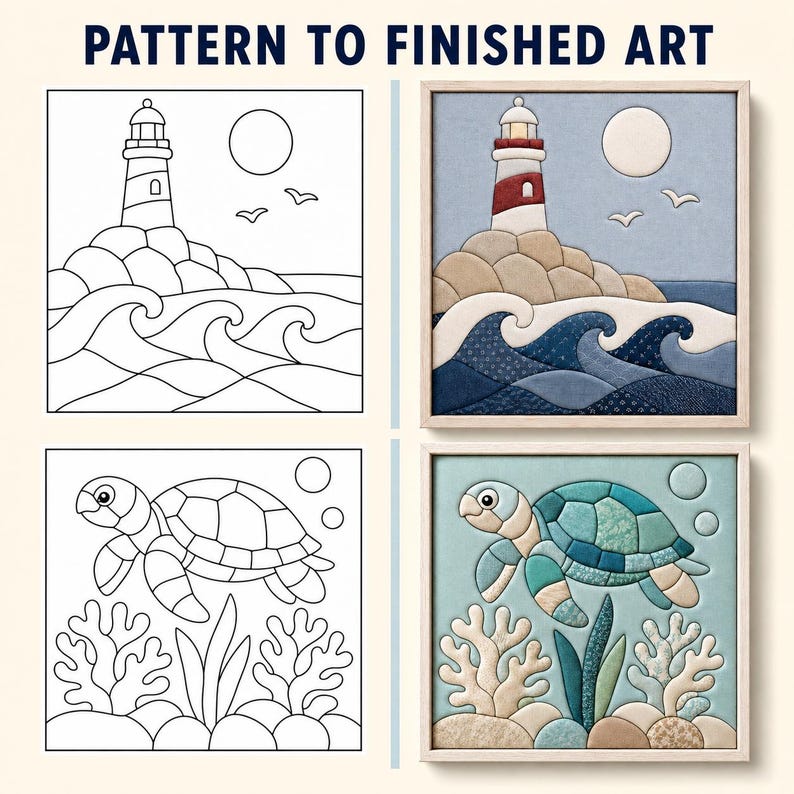 May include: A comparison of two craft patterns to finished art pieces. The top shows a lighthouse on rocks with waves and a sun. The bottom shows a sea turtle swimming above coral. Each finished piece is framed in light wood with fabric textures.