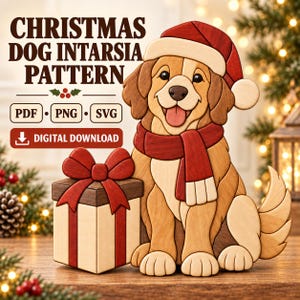 May include: A digital intarsia pattern featuring a dog wearing a red Santa hat and scarf, sitting next to a gift box with a red bow. The text reads CHRISTMAS DOG INTARSIA PATTERN, PDF, PNG, SVG, and DIGITAL DOWNLOAD in brown and white.