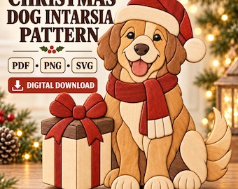 Christmas Dog Intarsia Pattern | Santa Puppy Scroll Saw Pattern | PDF SVG PNG Woodworking Digital Download