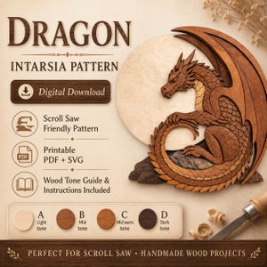 Patrón de intarsia de dragón en PDF / Proyecto de carpintería con sierra de calar para nivel principiante / Patrón de madera imprimible