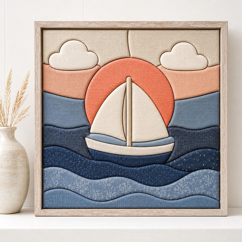 May include: A square fabric wall art piece featuring a layered textile design of a sailboat on wavy blue water against a large orange sun and two white clouds. The artwork is encased in a light-colored wooden frame with a textured fabric finish.