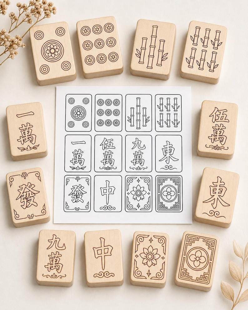 May include: A collection of wooden Mahjong tiles and a printed sheet with matching designs. The tiles feature engraved symbols, numbers, and illustrations, including flowers, bamboo, and circles. The game pieces are arranged on a light background.