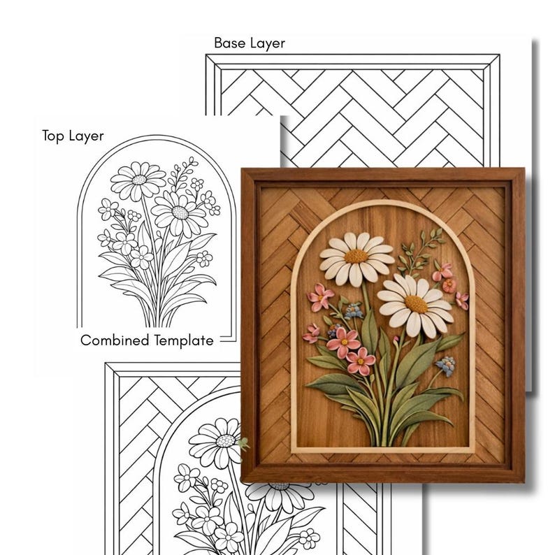 May include: Wooden wall art featuring a carved floral design with daisies, pink and blue flowers, and green leaves. The artwork is framed in a brown wooden frame with a herringbone pattern. The image also shows the template for the artwork.