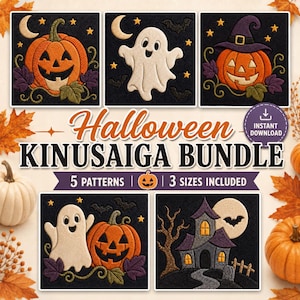 May include: A digital Halloween Kinusaiga bundle featuring five embroidery patterns on black backgrounds, including jack-o'-lanterns, a ghost, and a haunted house. The text reads Halloween Kinusaiga Bundle, 5 Patterns, 3 Sizes Included.