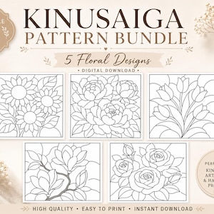 Kinusaiga Patroonbundel, 5 bloemenstofsjablonen, zonnebloem, pioenroos, tulp, magnolia en roos, printbare digitale download