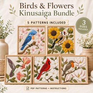 Kinusaiga Mönsterpaket, 5 Fågel- och Blommönster, Japanska Tygkonstmallar, 3 Storlekar, PDF Hantverksmönster
