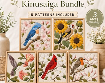 Kinusaiga Patterns Bundle, 5 Birds & Flowers Patterns, Japanese Fabric Art Templates, 3 Sizes, PDF Craft Patterns