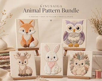Woodland Animal Kinusaiga Pattern Bundle, 5 Printable Fabric Art Templates, Fox Owl Deer Bunny Hedgehog, Beginner Craft PDF