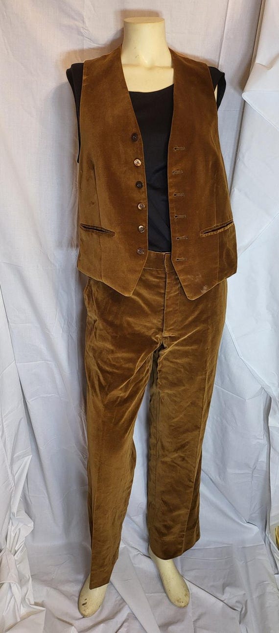 Vintage 60s 70s Cortefiel Velvet Vest Pants Set Spain Brown Velour