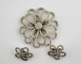 Vintage Vendome Rhinestone Flower Brooch Earrings Set 1950s Signed Jewelry