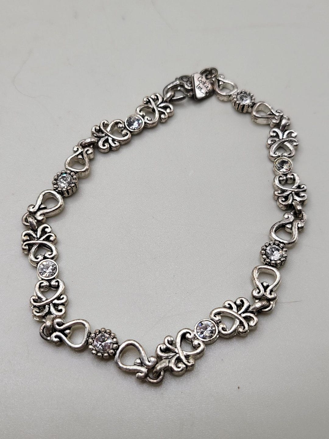 Vintage Cookie Lee Rhinestone Link Bracelet Silver Tone Heart
