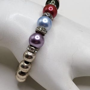 Colorful Faux Pearl Beaded Bracelet Silver Tone Rhinestone Spacers