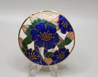 最終値下げ　七宝焼き　花模様の金属製香合 ヴィンテージ 七宝焼き 花柄ブローチ ラウンド ゴールドトーン 1980