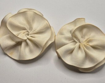 Vintage Dress Shoe Clips White Ribbon Rosette Bridal 2.25 in Pair