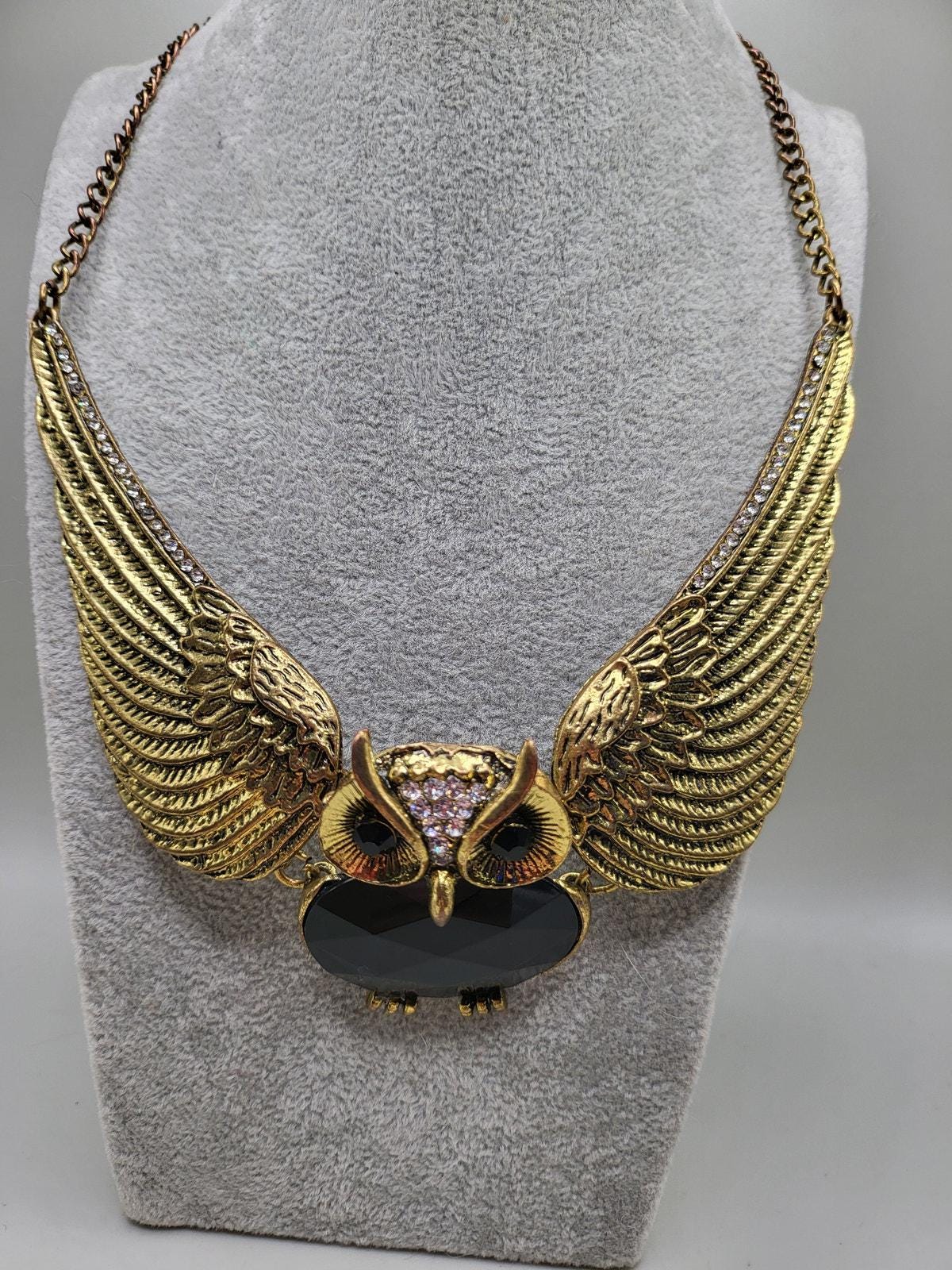 Gold Tone Owl Necklace w/ Black Glass Body & Eyes, Clear Rhinestone Wings