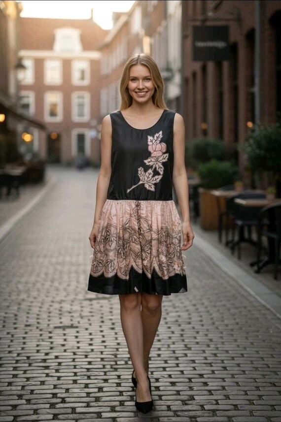 pink and black flapper dress Antique 1920s Flapper Dress Black Pink Floral Applique Silk Embroidery Damaged