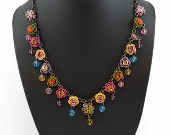Vintage kleurrijke emaille bloem strass hangketting 17-20 inch