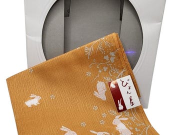 Japońska bawełniana chusteczka do nosa: nadruk w kwiaty w kształcie króliczka, musztardowożółta Furoshiki (18 cali)