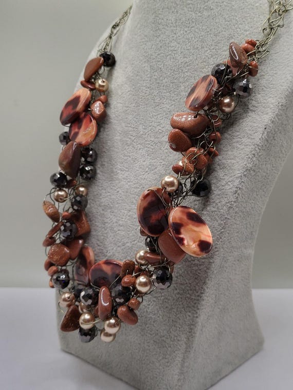 Chunky Tortoise Shell Style Bead Statement Neckla… - image 3