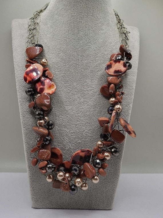 Chunky Tortoise Shell Style Bead Statement Neckla… - image 1