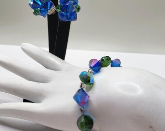 Vintage Blue Green AB Crystal Bracelet and Clip On Earrings Set