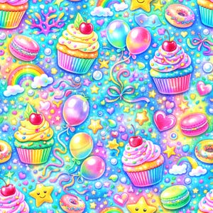 Puede incluir: Un patrón vibrante y colorido con cupcakes con cerezas, macarons, donuts, globos, arcoíris, estrellas y corazones. El diseño tiene una estética caprichosa y juguetona con un fondo azul brillante y un efecto brillante.
