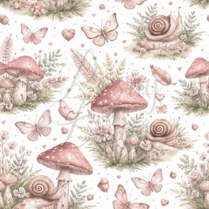 May include: Watercolor illustration featuring a repeating pattern of mushrooms, butterflies, snails, flowers, and hearts in soft pink, beige, and green hues. The design has a whimsical, fairytale aesthetic, perfect for fabric or paper.
