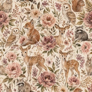 May include: A repeating pattern featuring watercolor illustrations of woodland animals, including deer, foxes, owls, raccoons, and rabbits, interspersed with large, muted pink and mauve flowers and foliage on a cream background.