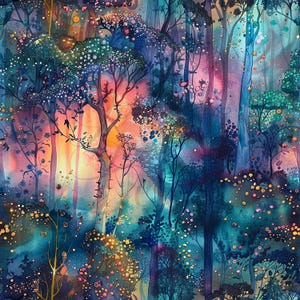 May include: A watercolour painting of a forest scene. The image shows a dense forest with tall trees, illuminated by a warm, orange and pink glow in the background. The trees have colourful foliage and small, glowing orbs.