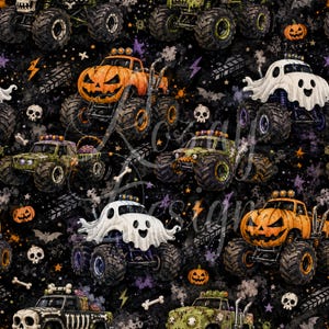 May include: A seamless fabric pattern featuring monster trucks with Halloween themes, including orange pumpkin trucks, white ghost trucks, and green skeleton trucks, set against a black background with stars, skulls, and bones.