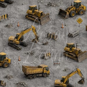 Op de afbeelding: Een naadloos patroon met gele bouwmachines, waaronder bulldozers, graafmachines en een dumper, tegen een grijze, getextureerde achtergrond. Borden met 'Road Closed' en 'Under Construction' zijn ook zichtbaar.