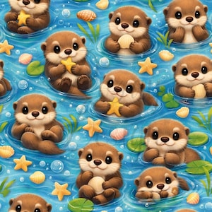 May include: A repeating pattern of cartoon otters swimming in blue water. The otters are brown with white bellies and hold starfish and seashells. The background includes bubbles, starfish, and lily pads.