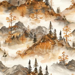 May include: Watercolor landscape art featuring mountains, trees, and fog in shades of brown, gold, and gray. The artwork has a soft, dreamy quality, with a seamless pattern design. The overall theme is nature and the outdoors.
