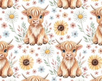 Cute Cow With Sunflowers | Seamless Patterns | Instant Download | Printable Digital Paper | Repeating Pattern | Fabric Printing