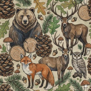 May include: A detailed illustration featuring forest animals and elements. A brown bear, deer with large antlers, a fox, and an owl are surrounded by pine cones, acorns, mushrooms, and leaves. The artwork has a vintage, watercolour style.