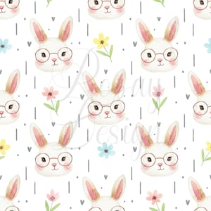 May include: A repeating watercolour pattern of white bunnies wearing spectacles, with pink ears and cheeks. The design includes colourful flowers and grey vertical lines on a white background. A whimsical design.