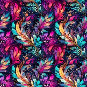 May include: A vibrant, repeating pattern featuring stylized feathers in shades of pink, purple, teal, and yellow against a dark blue background. The design includes delicate gold swirls and dots, creating a whimsical and artistic aesthetic.
