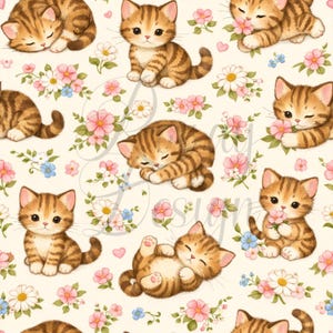 May include: A repeating pattern of adorable cartoon kittens in various poses, including sleeping, sitting, and playing. The kittens are brown and tan with striped markings. Pink, white, and blue flowers and hearts are scattered across the cream-colored background.