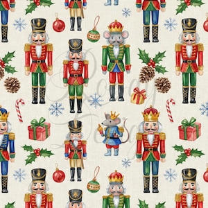 May include: A repeating pattern of festive Christmas imagery. The design features colorful nutcrackers in red, green, and blue uniforms, along with ornaments, snowflakes, and gift boxes on a cream background.