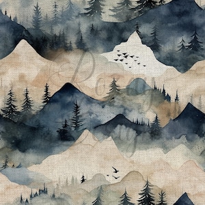 May include: A watercolour landscape pattern depicting layered mountains, evergreen trees, and birds in flight. The colour scheme features blues, browns, and beige, evoking a tranquil forest setting. The design has a textured, artistic quality.