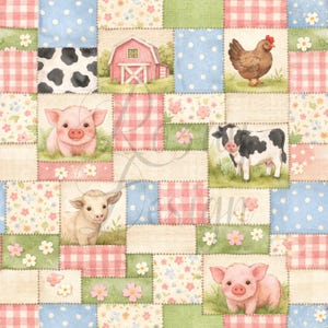 Puede incluir: Un diseño de patchwork con animales de granja y un granero rojo. Los cuadrados incluyen una vaca, un cerdo, una gallina y un cordero, sobre un fondo de patrones florales, cuadros y lunares. La combinación de colores es en tonos pastel suaves, creando una estética encantadora y rústica.