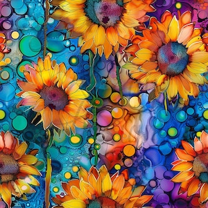Puede incluir: Un vibrante y colorido estampado floral con girasoles en tonos amarillos, naranjas y rojos. Los girasoles tienen pétalos detallados y centros oscuros, sobre un fondo de burbujas y remolinos azules, verdes y morados. La obra de arte tiene un efecto acuarela.