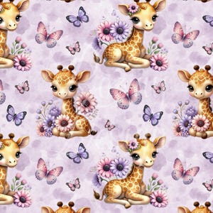 May include: A repeating pattern featuring adorable cartoon giraffes with floral accents and butterflies on a soft lavender background. The giraffes are tan with brown spots, and the flowers are pink and purple.