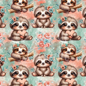 May include: A repeating pattern featuring adorable cartoon sloths with big eyes, wearing floral crowns, and holding hearts. The sloths are brown and tan, set against a teal and coral watercolor background with floral accents.